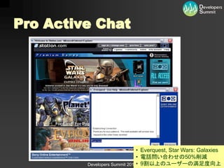 Pro Active Chat




                               • Everquest, Star Wars: Galaxies
                               • 電話問い合わせの50%削減
         Developers Summit 2012•（16-E-1）
                                 9割以上のユーザーの満足度向上
 