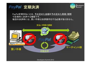定期決済
PayPal定期支払いとは、予め定めた金額を予め定めた周期/期間
で定期的に決済する機能です。
毎回の決済時には、買い手様は決済操作をする必要がありません。

            支払い同意の締結




                                     マーチャント様
買い手様
                自動決済


            Developers Summit 2012
 