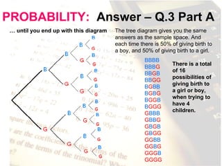 PROBABILITY:   Answer – Q.3 Part A …  until you end up with this diagram The tree diagram gives you the same answers as the sample space. And each time there is 50% of giving birth to a boy, and 50% of giving birth to a girl. BBBB BBB G BB G B BB GG B G BB B G B G B GG B B GGG G BBB G BB G G B G B G B GG GG BB GG B G GGG B GGGG There is a total of 16 possibilities of giving birth to a girl or boy, when trying to have 4 children. 