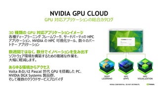 NVIDIA CONFIDENTIAL. DO NOT DISTRIBUTE.
NVIDIA GPU CLOUD
30 種類の GPU 対応アプリケーションイメージ
各種ディープラーニング フレームワーク、サードパーティの HPC
アプリケーション、NVIDIA の HPC 可視化ツール、数々のパー
トナー アプリケーション
数週間ではなく、数分でイノベーションを生み出す
ソフトウェア環境を構築するための複雑な作業を、
大幅に軽減します。
あらゆる環境からアクセス
Volta あるいは Pascal 世代 GPU を搭載した PC、
NVIDIA DGX Systems 製品群、
そして複数のクラウドサービスプロバイダ
GPU 対応アプリケーションの総合カタログ
 