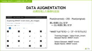 DATA AUGMENTATION
白黒反転した画像を追加
Pixel(Inverted) = 255 – Pixel(original)
黒い背景に白い文字
→ 白い背景に黒い文字
“MNIST full”をクローン（データ/モデルとも）
Training Images: /data/train_invert
Dataset Name: MNIST invert
Select Dataset: MNIST invert
Model Name: MNIST invert
「NVIDIA DIGITS による画像分類入門」より
 
