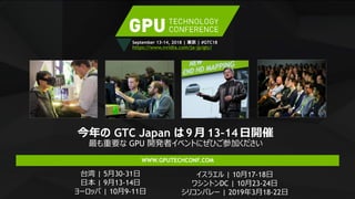 61
September 13-14, 2018 | 東京 | #GTC18
https://www.nvidia.com/ja-jp/gtc/
WWW.GPUTECHCONF.COM
今年の GTC Japan は 9月13–14日開催
最も重要な GPU 開発者イベントにぜひご参加ください
台湾 | 5月30-31日
日本 | 9月13-14日
ヨーロッパ | 10月9-11日
イスラエル | 10月17-18日
ワシントンDC | 10月23-24日
シリコンバレー | 2019年3月18-22日
 