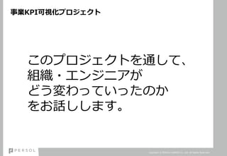 事業KPI可視化プロジェクト
Copyright © PERSOL CAREER Co., Ltd. All Rights Reserved.
このプロジェクトを通して、
組織・エンジニアが
どう変わっていったのか
をお話しします。
 