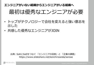 エンジニアがいない組織からエンジニアがいる組織へ
最初は優秀なエンジニアが必要
• トップがテクノロジーで会社を変えると強い意志を
示した
• 共感した優秀なエンジニアがJOIN
Copyright © PERSOL CAREER Co., Ltd. All Rights Reserved.
出典: SoRとSoEをつなぐ 「エンジニアの役割」と 「企業の課題」
https://www.slideshare.net/keiichiroseida/sorsoe
 