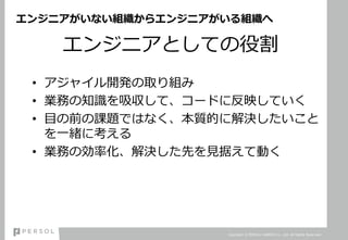 エンジニアがいない組織からエンジニアがいる組織へ
エンジニアとしての役割
• アジャイル開発の取り組み
• 業務の知識を吸収して、コードに反映していく
• 目の前の課題ではなく、本質的に解決したいこと
を一緒に考える
• 業務の効率化、解決した先を見据えて動く
Copyright © PERSOL CAREER Co., Ltd. All Rights Reserved.
 