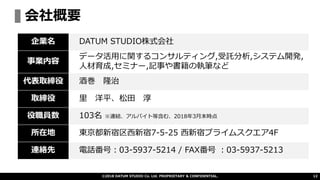 企業名 DATUM STUDIO株式会社
事業内容
データ活用に関するコンサルティング,受託分析,システム開発,
人材育成,セミナー,記事や書籍の執筆など
代表取締役 酒巻 隆治
取締役 里 洋平、松田 淳
役職員数 103名 ※連結、アルバイト等含む、2018年3月末時点
所在地 東京都新宿区西新宿7-5-25 西新宿プライムスクエア4F
連絡先 電話番号：03-5937-5214 / FAX番号 ：03-5937-5213
©2018 DATUM STUDIO Co. Ltd. PROPRIETARY & CONFIDENTIAL.
会社概要
12
 