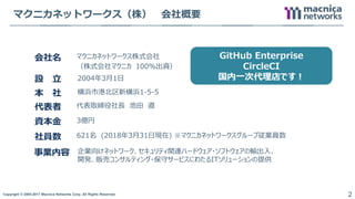 Copyright © 2004-2017 Macnica Networks Corp. All Rights Reserved. 2
マクニカネットワークス（株） 会社概要
会社名 マクニカネットワークス株式会社
（株式会社マクニカ 100%出資）
設 立 2004年3月1日
本 社 横浜市港北区新横浜1-5-5
代表者
資本金
社員数
事業内容
代表取締役社長 池田 遵
3億円
621名 (2018年3月31日現在) ※マクニカネットワークスグループ従業員数
企業向けネットワーク、セキュリティ関連ハードウェア・ソフトウェアの輸出入、
開発、販売コンサルティング・保守サービスにわたるITソリューションの提供
GitHub Enterprise
CircleCI
国内一次代理店です！
 