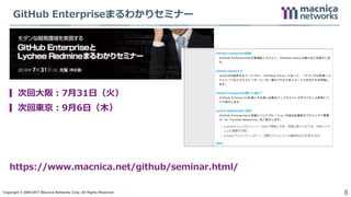 Copyright © 2004-2017 Macnica Networks Corp. All Rights Reserved. 8
▎次回大阪：7月31日（火）
▎次回東京：9月6日（木）
https://www.macnica.net/github/seminar.html/
GitHub Enterpriseまるわかりセミナー
 