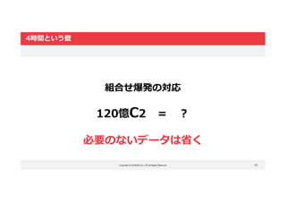 Copyright © LOCKON CO.,LTD.All Rights Reserved.
4時間という壁
45
組合せ爆発の対応
120憶C2 ＝ ?
必要のないデータは省く
 