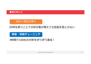 Copyright © LOCKON CO.,LTD.All Rights Reserved.
要求に対して
49
EMRを使うことで分析対象が増えても性能を落とさない
スケーラビリティ
精度・性能チューニング
4時間で100社の分析をぎりぎり達成!
 