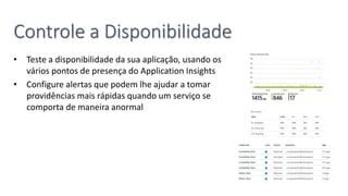 Controle a Disponibilidade
• Teste a disponibilidade da sua aplicação, usando os
vários pontos de presença do Application Insights
• Configure alertas que podem lhe ajudar a tomar
providências mais rápidas quando um serviço se
comporta de maneira anormal
 