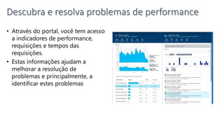 • Através do portal, você tem acesso
a indicadores de performance,
requisições e tempos das
requisições.
• Estas informações ajudam a
melhorar a resolução de
problemas e principalmente, a
identificar estes problemas
Descubra e resolva problemas de performance
 