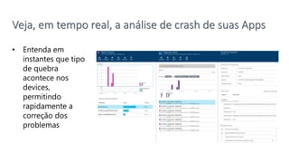 Veja, em tempo real, a análise de crash de suas Apps
• Entenda em
instantes que tipo
de quebra
acontece nos
devices,
permitindo
rapidamente a
correção dos
problemas
 