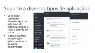 Suporte a diversos tipos de aplicaçãos
• Você pode
configurar
diversos tipos de
aplicação, de
maneira simples e
rápida, através do
portal.
• E para cada tipo
de aplicação
existe um tutorial
de como
implementar.
 