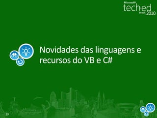 IntelliSense Consume-First ModeIntelliSense disponibiliza dois modos de complementar uma sentençaCompletionmodeSuggestionmodeÚtil quando utilizando classes e membros antes de serem definidosO editor mostra o símbolo que você escreve ao invés de uma entrada da listaUse Ctrl+Alt+Spacebar para alternarNo “Suggestionmode”, código insere o que você escreveEnquanto você não apertar tab, que insere o texto selecionado independente do modo que você está