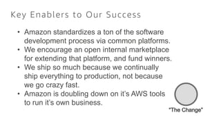Key Enablers to Our Success
• Amazon standardizes a ton of the software
development process via common platforms.
• We enc...