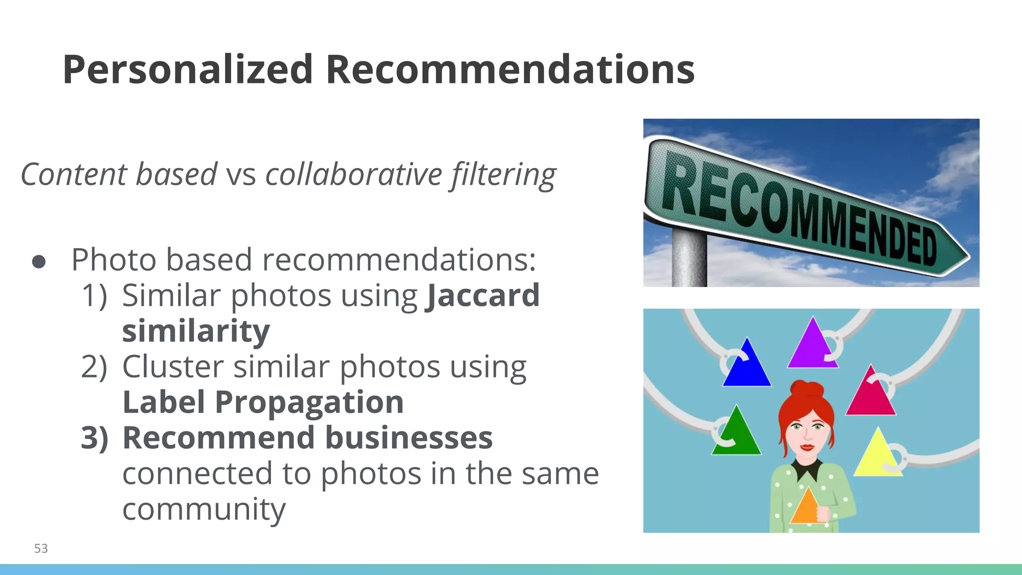 53
Personalized Recommendations
Content based vs collaborative filtering
● Photo based recommendations:
1) Similar photos using Jaccard
similarity
2) Cluster similar photos using
Label Propagation
3) Recommend businesses
connected to photos in the same
community
 