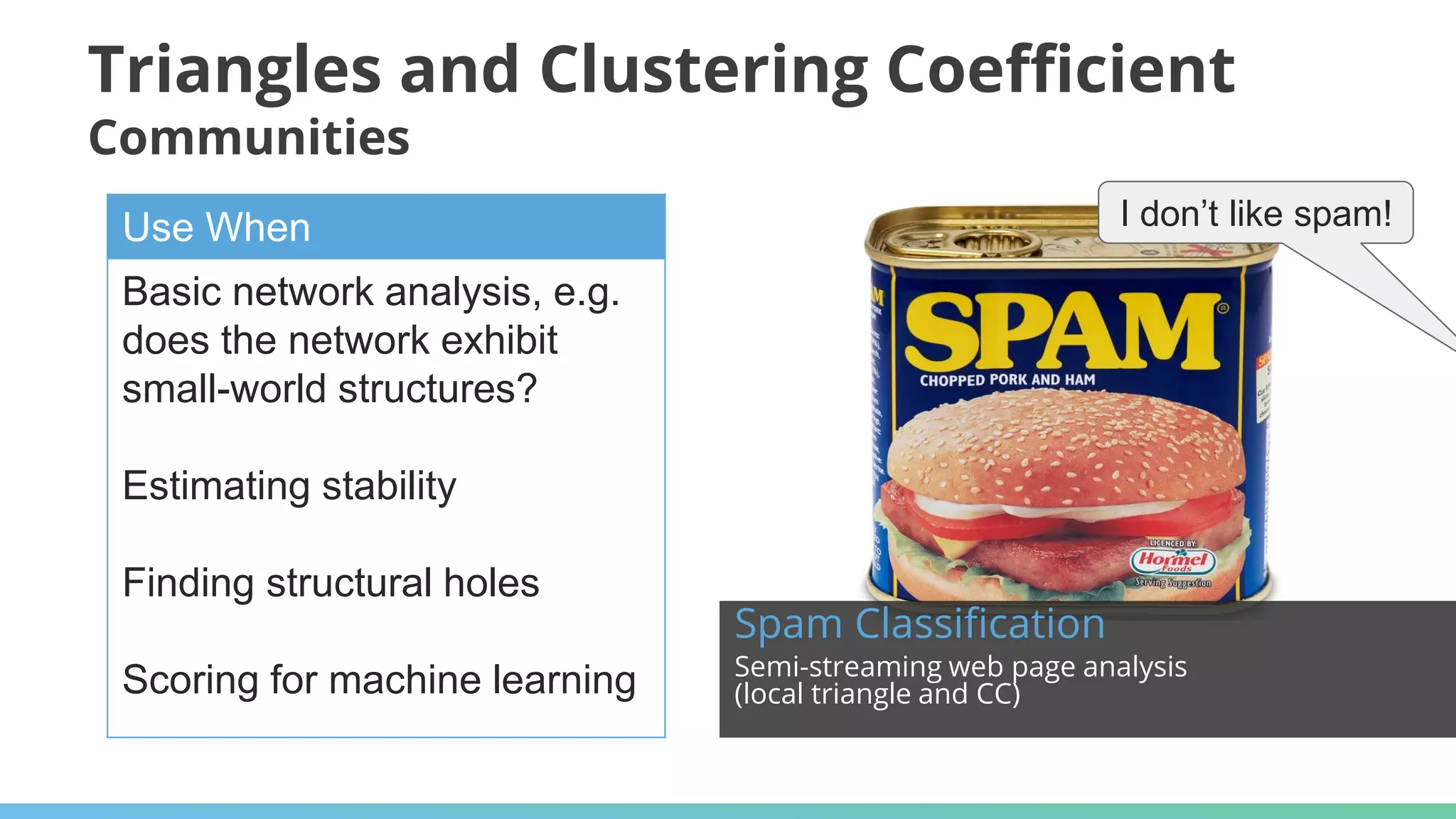Triangles and Clustering Coefficient
Communities
Use When
Basic network analysis, e.g.
does the network exhibit
small-world structures?
Estimating stability
Finding structural holes
Scoring for machine learning
Spam Classification
Semi-streaming web page analysis
(local triangle and CC)
I don’t like spam!
 