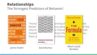Relationships
The Strongest Predictors of Behavior!
“Increasingly we're learning that you can make
better predictions about people by getting all the
information from their friends and their friends’
friends than you can from the information you
have about the person themselves”
James Fowler David Burkus
Albert-László
Barabási
3
 