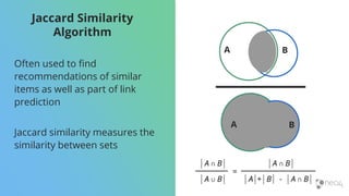 Jaccard Similarity
Algorithm
Often used to find
recommendations of similar
items as well as part of link
prediction
Jaccard similarity measures the
similarity between sets
A B
A B
 
