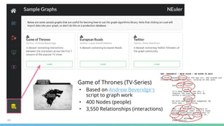 69
Game of Thrones (TV-Series)
• Based on Andrew Beveridge's
script to graph work
• 400 Nodes (people)
• 3,550 Relationships (interactions)
 