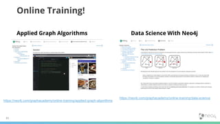 81
Online Training!
Applied Graph Algorithms Data Science With Neo4j
https://neo4j.com/graphacademy/online-training/data-science
https://neo4j.com/graphacademy/online-training/applied-graph-algorithms
 