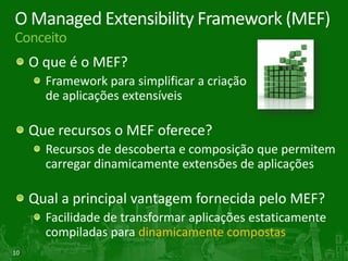 Sequência da sua apresentação (incluindo as demos):CÓDIGO DA SESSÃO:DEV302Como e onde devo utilizar o ManagedExtensibility Framework (MEF)?Nível Técnico: 300Rogério Moraes de CarvalhoConsultor e Instrutor de TIVITA Informática@rogeriomc