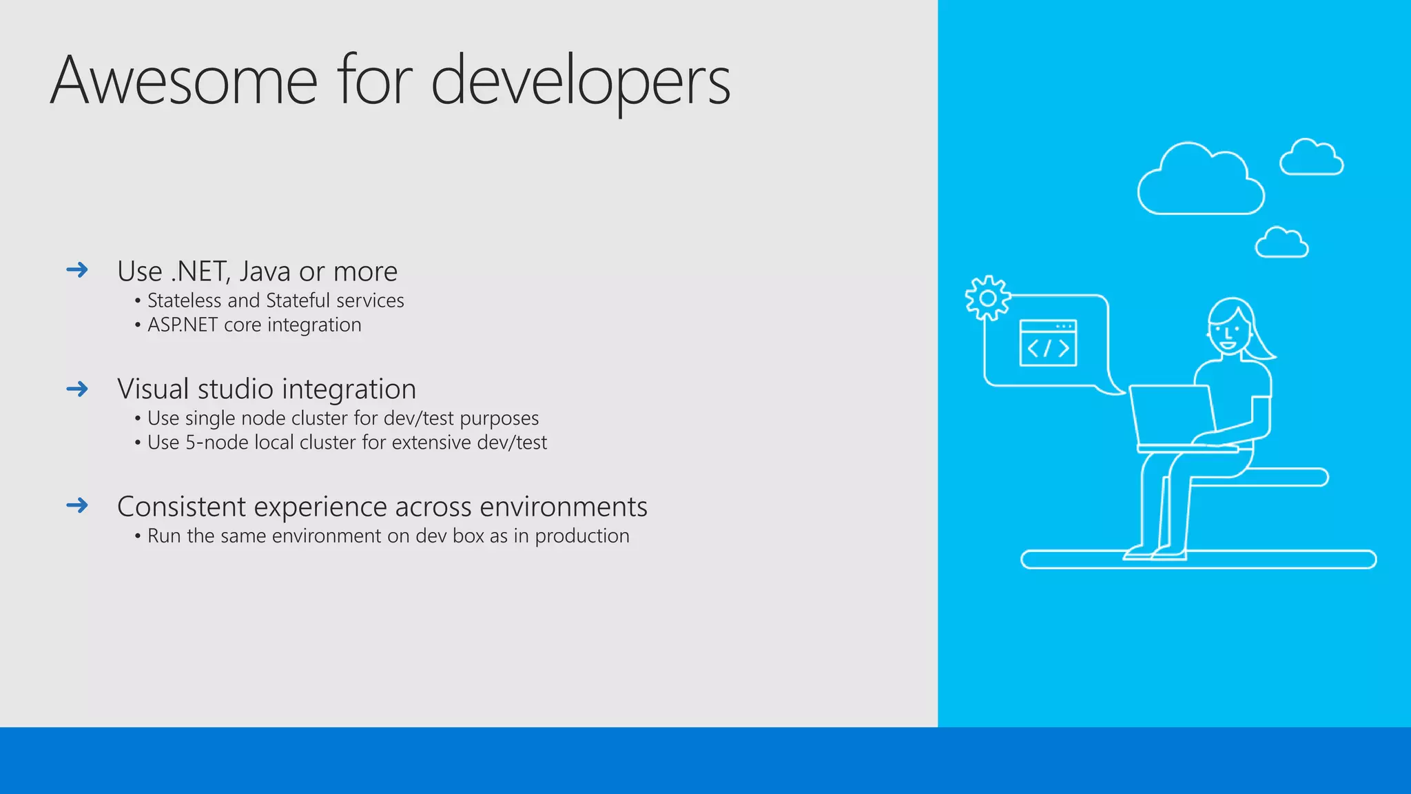Awesome for developers
Use .NET, Java or more
• Stateless and Stateful services
• ASP.NET core integration
Visual studio integration
• Use single node cluster for dev/test purposes
• Use 5-node local cluster for extensive dev/test
Consistent experience across environments
• Run the same environment on dev box as in production
 