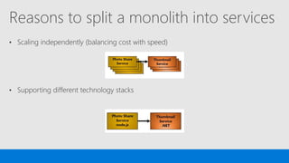 Reasons to split a monolith into services
• Scaling independently (balancing cost with speed)
• Supporting different technology stacks
 