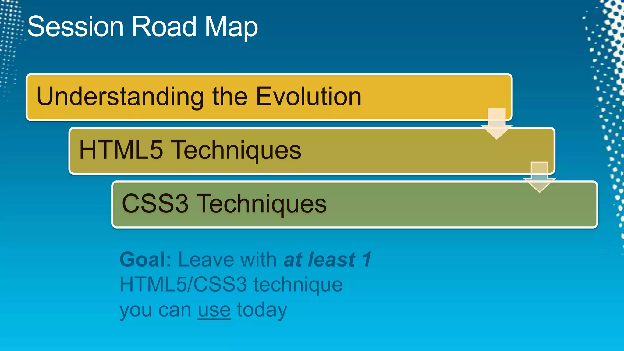 Session Road MapGoal: Leave with at least 1 HTML5/CSS3 technique you can use today