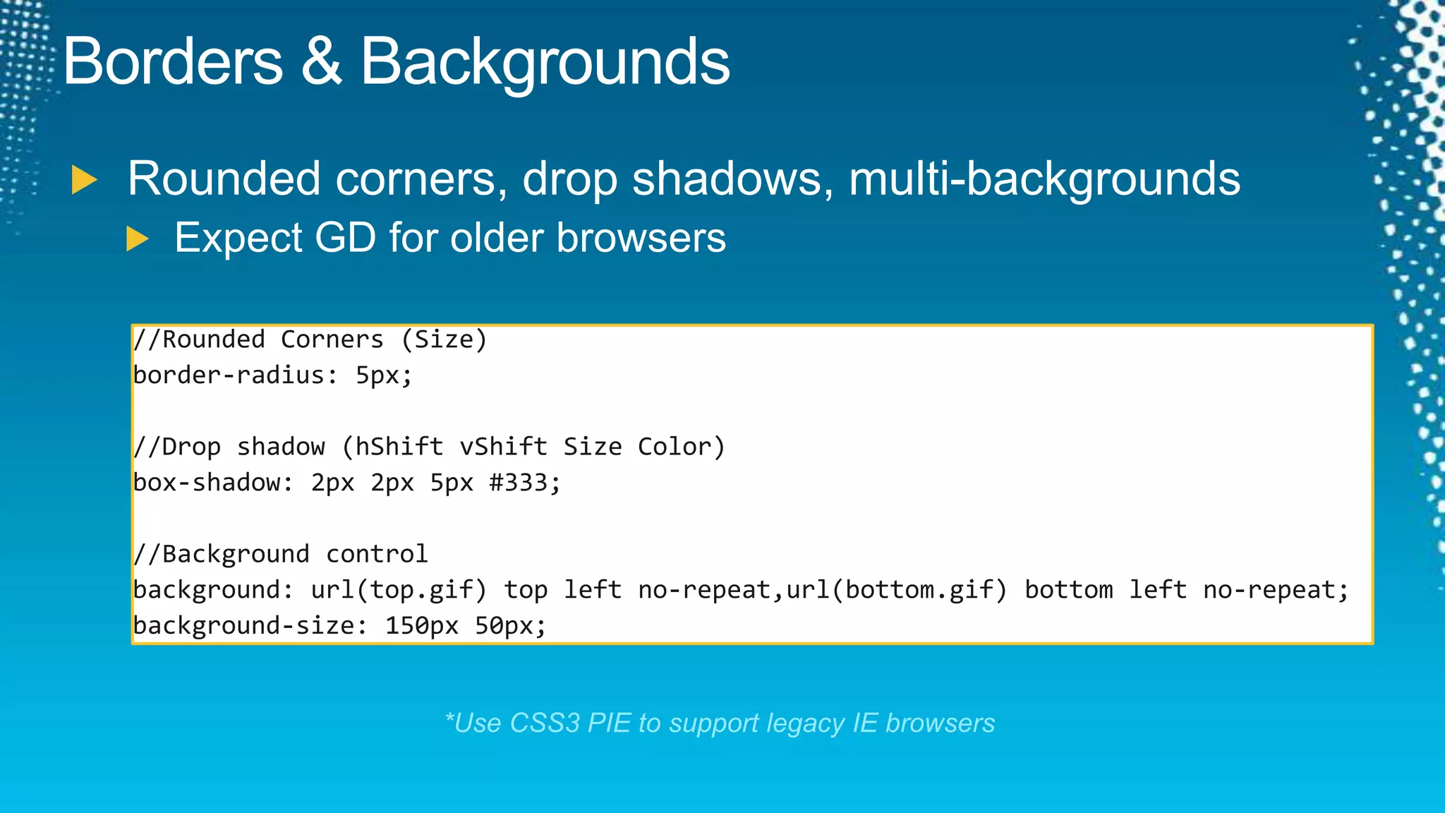 Canvas for IE6/7/8Many polyfills for older browsersJavaScript or Flash basedBetter Perf