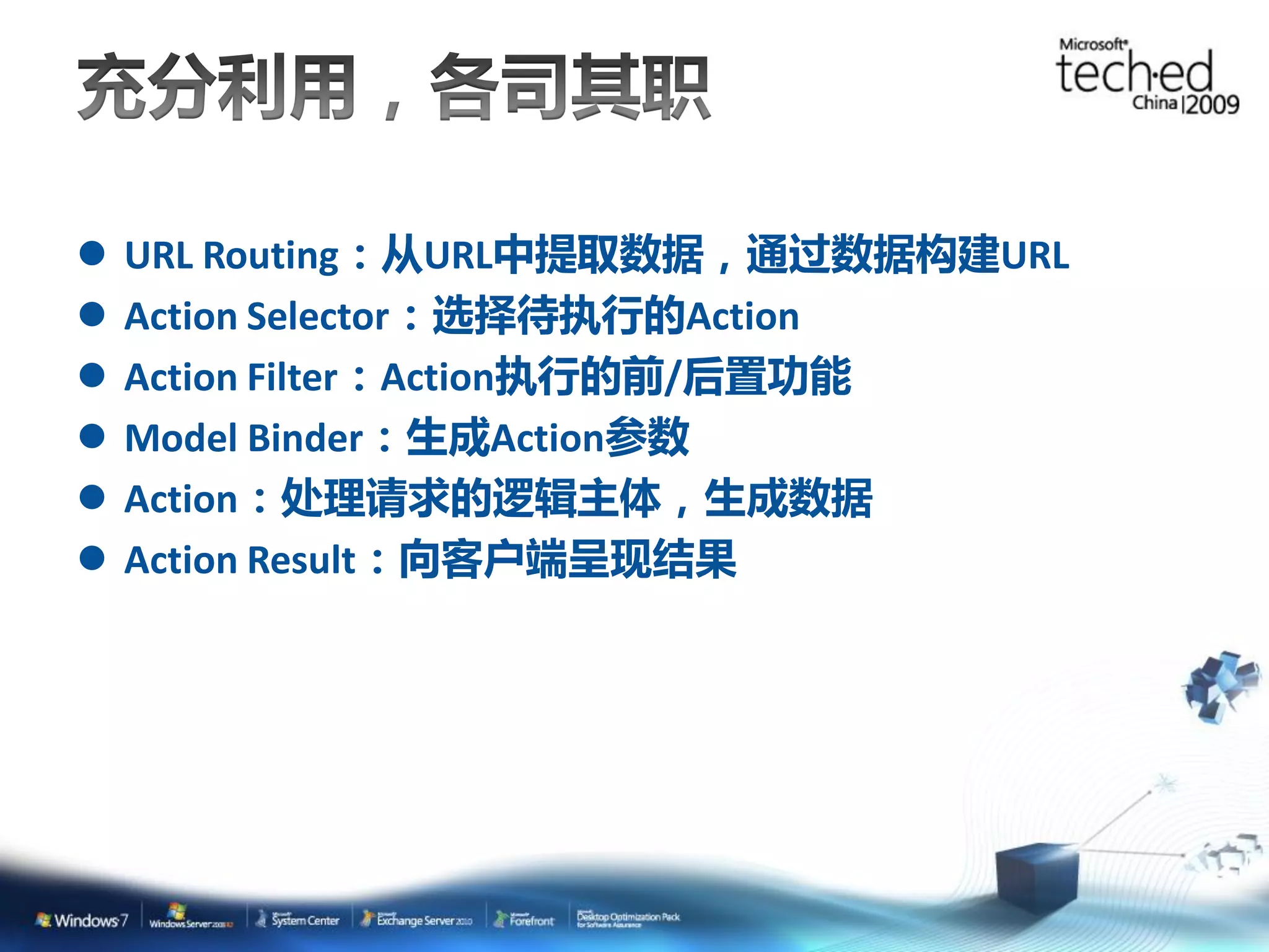 URL Routing：从URL中提取数据，通过数据构建URL  Action Selector：选择待执行的Action  Action Filter：Action执行的前/后置功能  Model Binder：生成Action参数  Action：处理请求的逻辑主体，生成数据  Action Result：向客户端呈现结果 