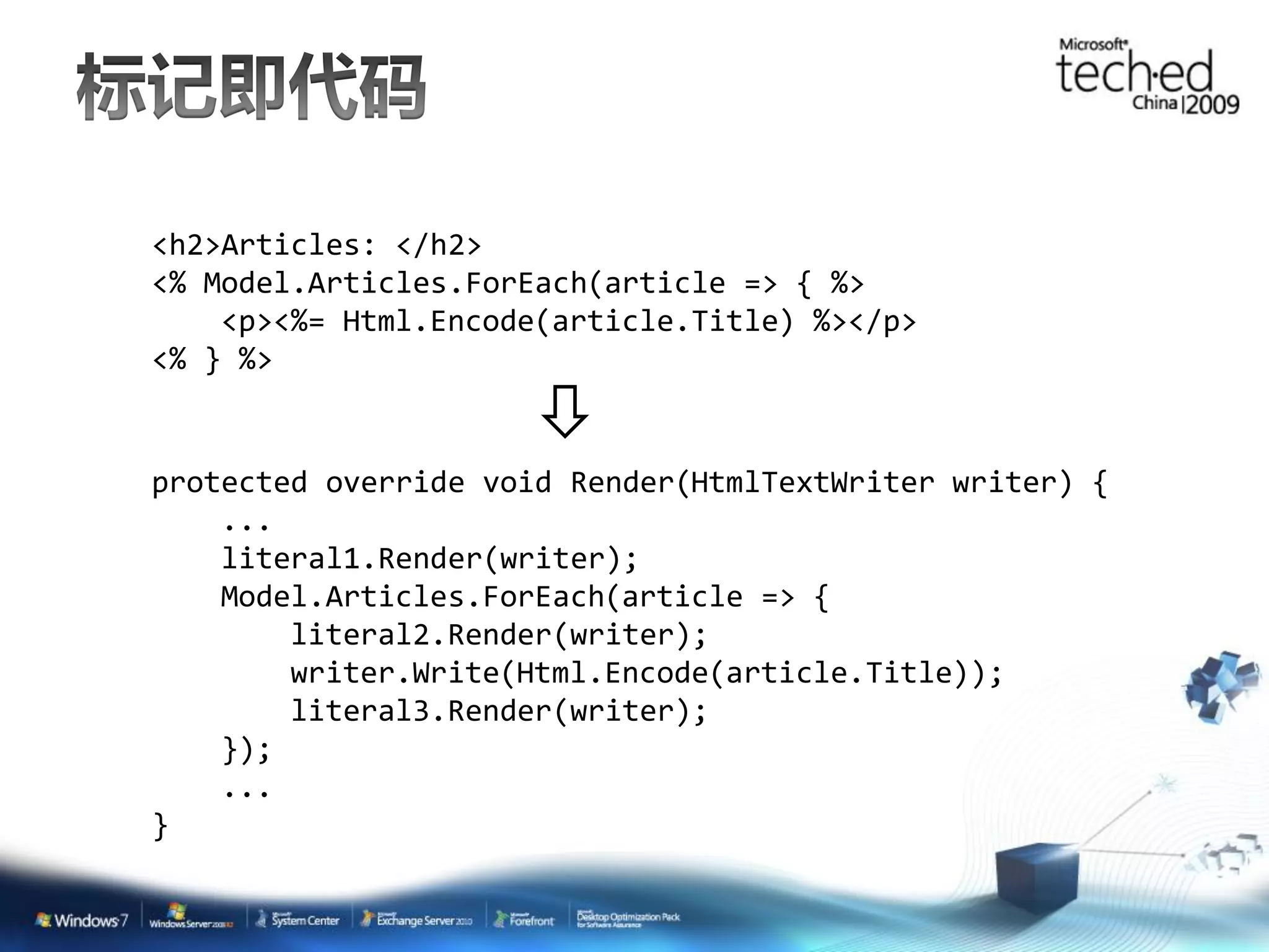 <h2>Articles: </h2> <% Model.Articles.ForEach(article => { %> <p><%= Html.Encode(article.Title) %></p> <% } %> protected override void Render(HtmlTextWriter writer) { ... literal1.Render(writer); Model.Articles.ForEach(article => { literal2.Render(writer); writer.Write(Html.Encode(article.Title)); literal3.Render(writer); }); ... } 