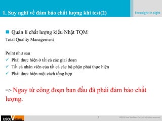 7 @2019 Usol VietNam Co.,Ltd. All rights reserved.
.
1. Suy nghĩ về đảm bảo chất lượng khi test(2)
 Quản lí chất lượng kiểu Nhật TQM
Total Quality Management
Point như sau
 Phải thực hiện ở tất cả các giai đoạn
 Tất cả nhân viên của tất cả các bộ phận phải thực hiện
 Phải thực hiện một cách tổng hợp
=> Ngay từ công đoạn ban đầu đã phải đảm bảo chất
lượng.
 