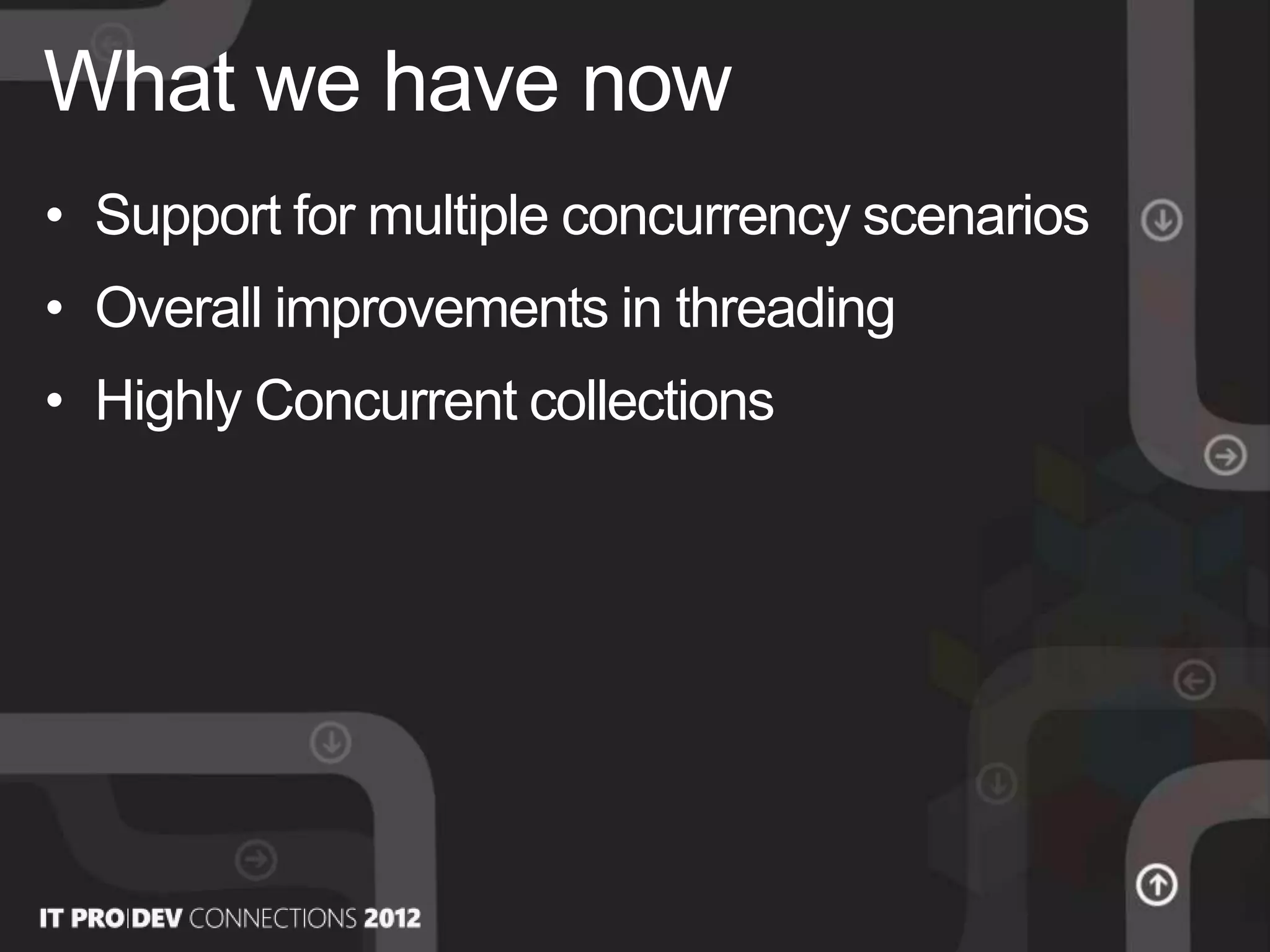 • Support for multiple concurrency scenarios
• Overall improvements in threading
• Highly Concurrent collections
What we have now
 