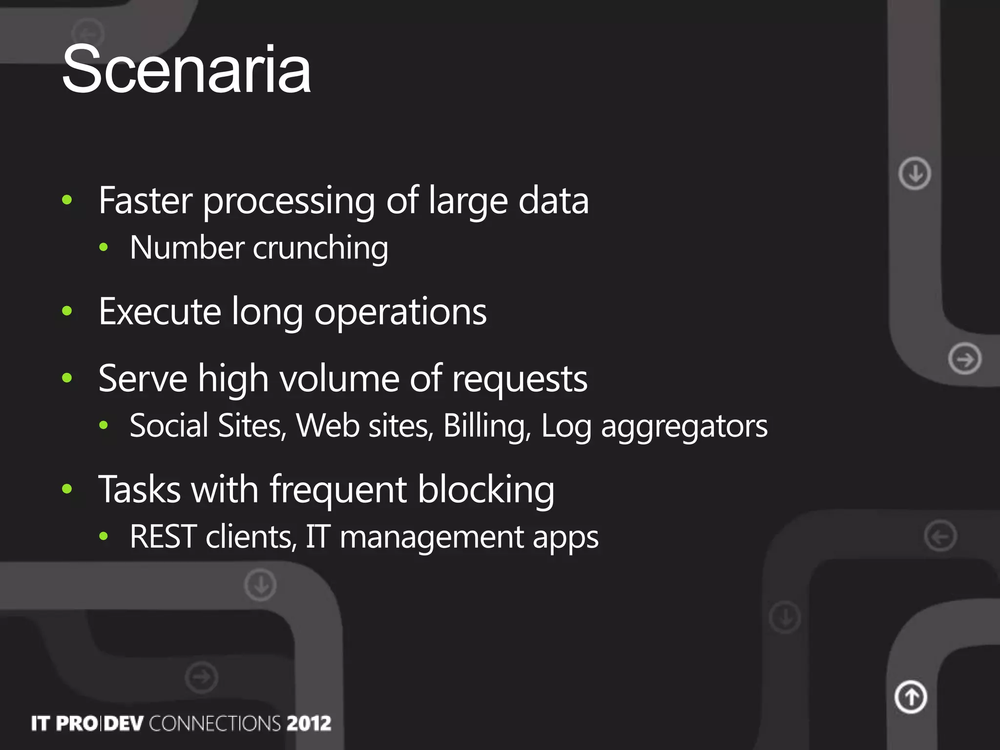 Scenaria
• Faster processing of large data
• Number crunching
• Execute long operations
• Serve high volume of requests
• Social Sites, Web sites, Billing, Log aggregators
• Tasks with frequent blocking
• REST clients, IT management apps
 