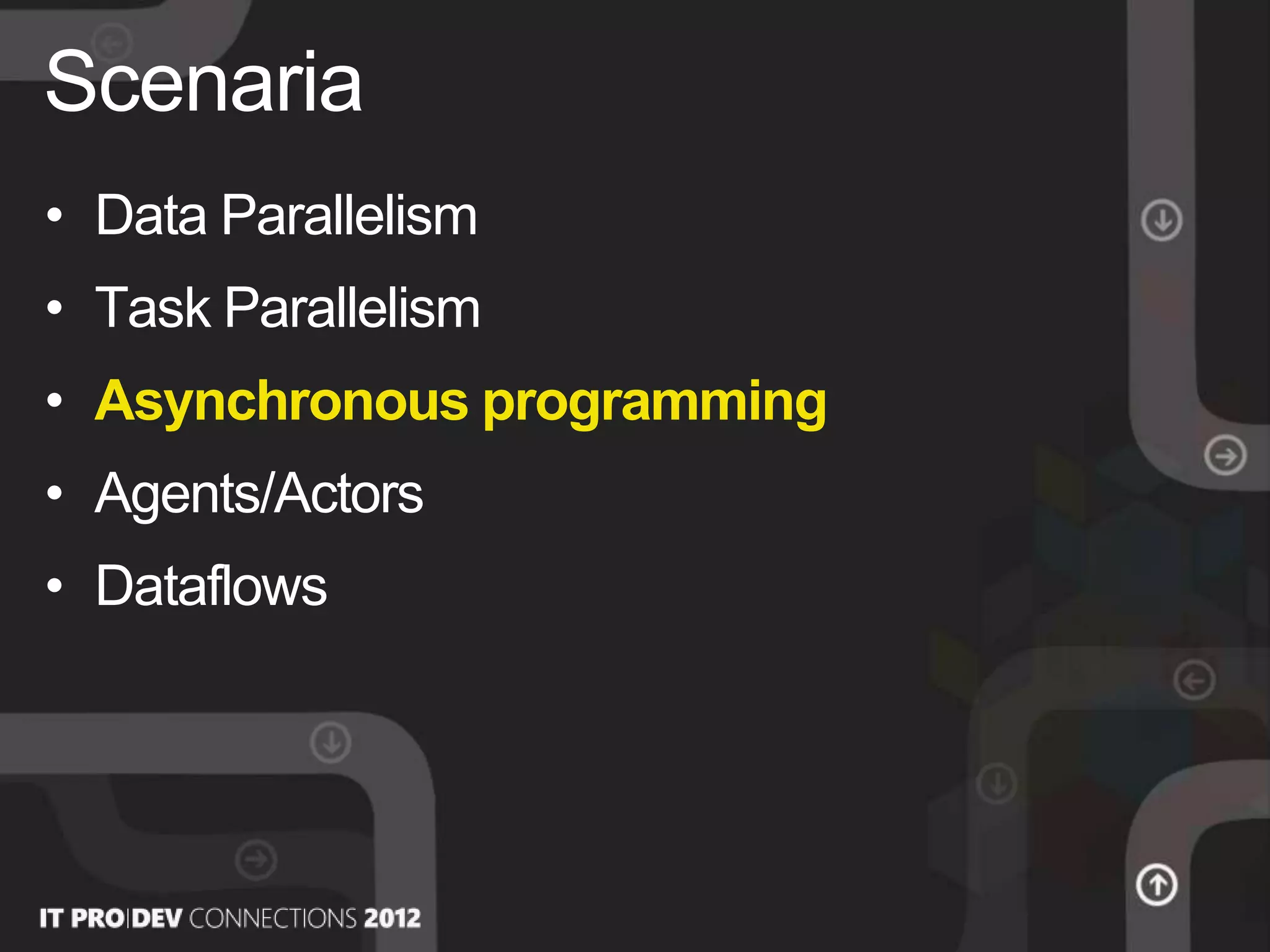 • Data Parallelism
• Task Parallelism
• Asynchronous programming
• Agents/Actors
• Dataflows
Scenaria
 