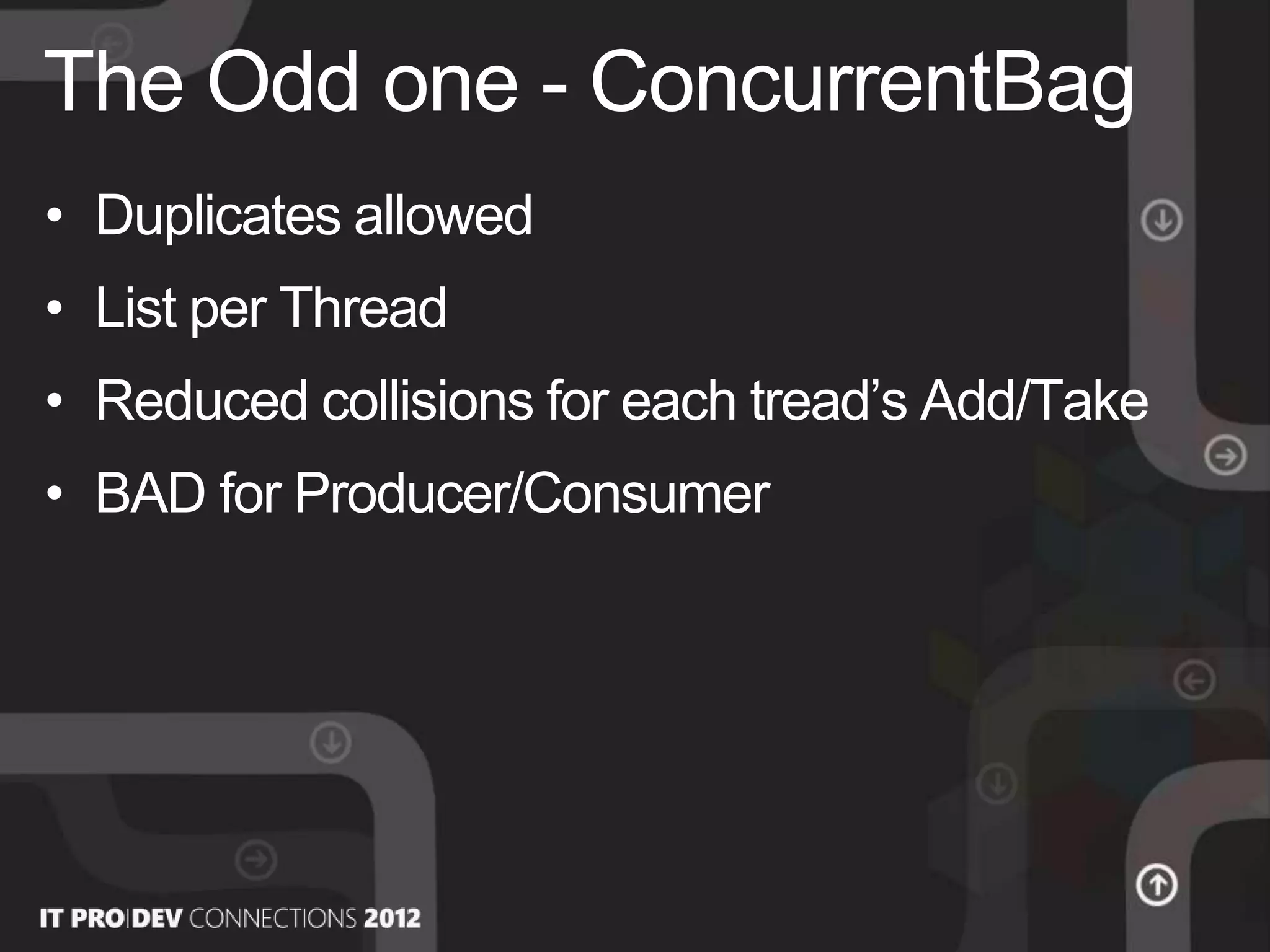 • Duplicates allowed
• List per Thread
• Reduced collisions for each tread’s Add/Take
• BAD for Producer/Consumer
The Odd one - ConcurrentBag
 