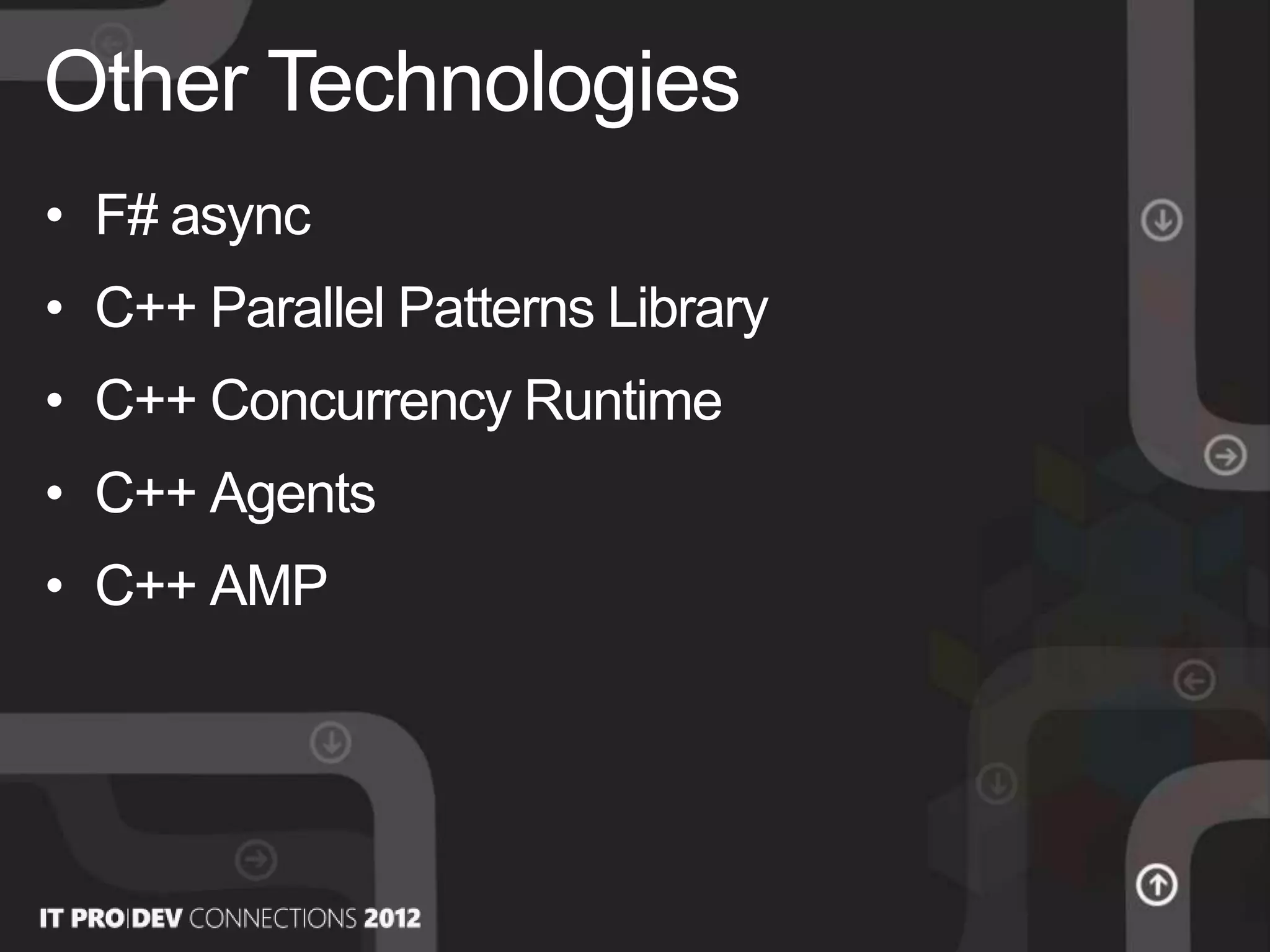 • F# async
• C++ Parallel Patterns Library
• C++ Concurrency Runtime
• C++ Agents
• C++ AMP
Other Technologies
 