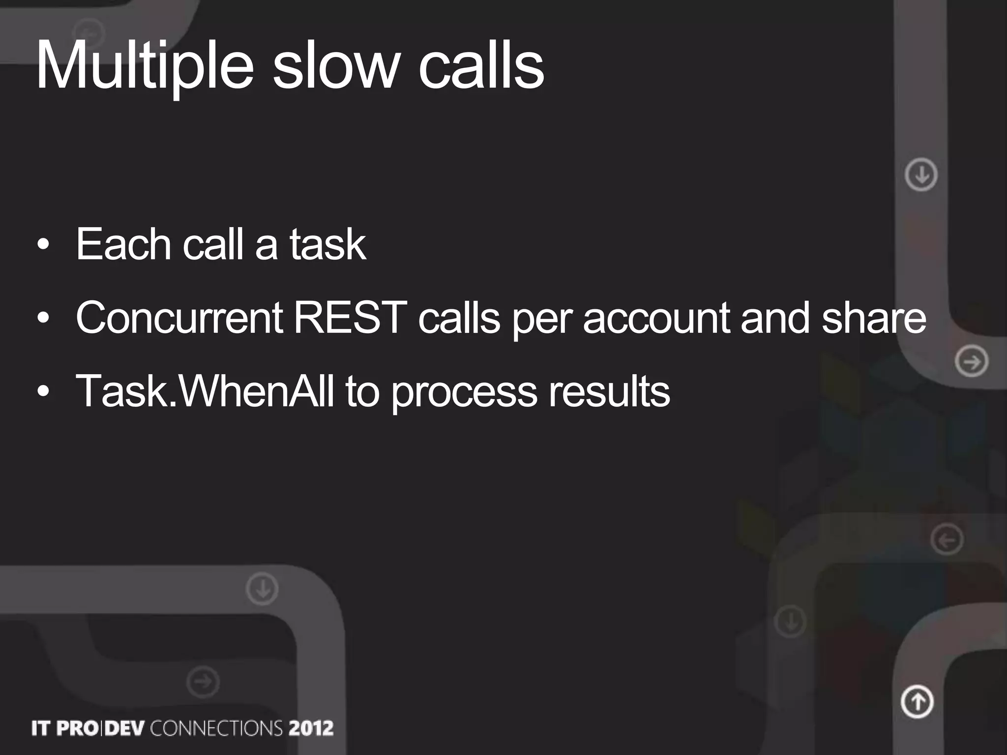 • Each call a task
• Concurrent REST calls per account and share
• Task.WhenAll to process results
Multiple slow calls
 