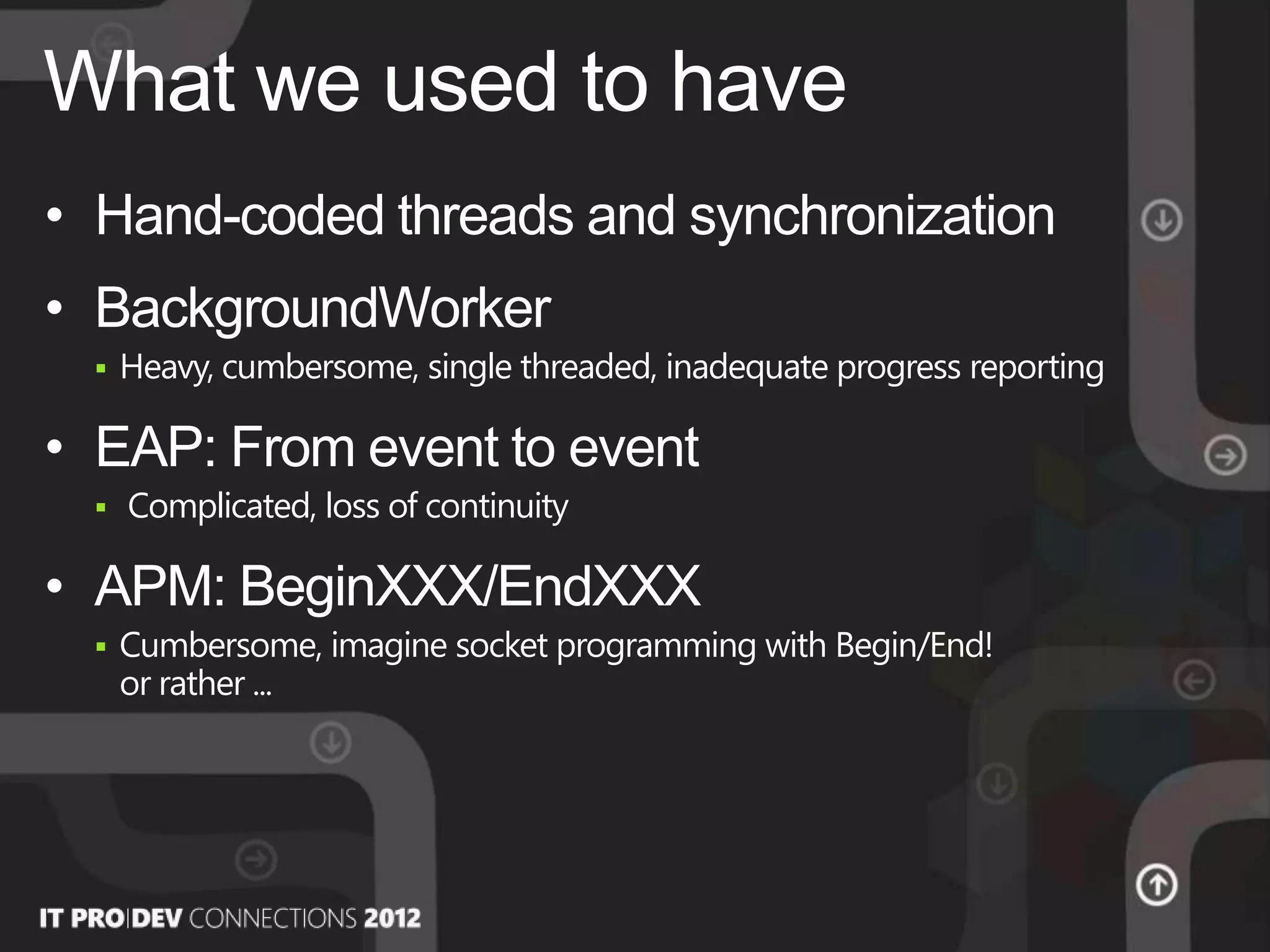 • Hand-coded threads and synchronization
• BackgroundWorker
 Heavy, cumbersome, single threaded, inadequate progress reporting
• EAP: From event to event
 Complicated, loss of continuity
• APM: BeginXXX/EndXXX
 Cumbersome, imagine socket programming with Begin/End!
or rather ...
What we used to have
 