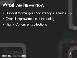• Support for multiple concurrency scenarios
• Overall improvements in threading
• Highly Concurrent collections
What we have now
 