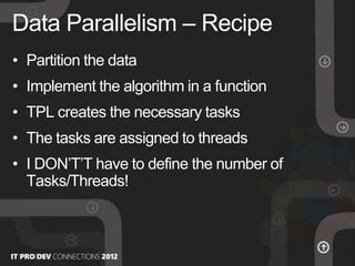 • Partition the data
• Implement the algorithm in a function
• TPL creates the necessary tasks
• The tasks are assigned to threads
• I DON’T’T have to define the number of
Tasks/Threads!
Data Parallelism – Recipe
 