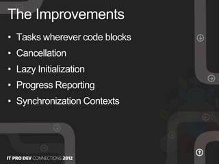 • Tasks wherever code blocks
• Cancellation
• Lazy Initialization
• Progress Reporting
• Synchronization Contexts
The Improvements
 