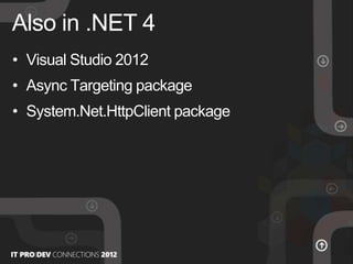 • Visual Studio 2012
• Async Targeting package
• System.Net.HttpClient package
Also in .NET 4
 