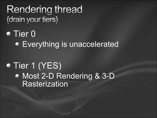 Tier 0
Everything is unaccelerated
Tier 1 (YES)
Most 2-D Rendering & 3-D
Rasterization
 