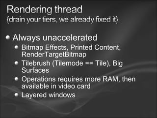 Always unaccelerated
Bitmap Effects, Printed Content,
RenderTargetBitmap
Tilebrush (Tilemode == Tile), Big
Surfaces
Operations requires more RAM, then
available in video card
Layered windows
 