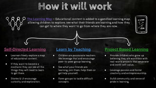 Learn by Teaching
● Children are passionate teachers.
We leverage that and encourage
peer-to-peer group learning.
● See what your friends are
learning, join them, help them or
get help yourself.
● Form groups to tackle difficult
concepts.
Self-Directed Learning
● Learners freely explore a map
of educational content.
● If they want to become a
mechanic they can see all the
things they will need to learn
to get there.
● Stories & UI encourage
curiosity and exploration.
The Learning Map — Educational content is added to a gamified learning map,
allowing children to explore, see what their friends are learning and how they
can get to where they want to go from where they are now.
Project Based Learning
● Provide children who grow up
believing they are worthless with
real-world projects that empower
and instill self-value.
● Leverage passion and foster
creativity and entrepreneurship.
● Build community and sense of
pride in learning.
How it will work
 