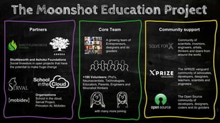 Core TeamPartners Community support
Community of
scientists, inventors,
engineers, artists,
thinkers and doers from
around the world.
The XPRIZE vanguard
community of advocates,
developers, designers,
teachers, scientists and
engineers
The Open Source
community of
developers, designers,
coders and do gooders
Shuttleworth and Ashoka Foundations
Social Investors in open projects that have
the potential to make huge change
+180 Volunteers: Phd’s,
Neuroscientists, Technologists,
Educators, Parents, Engineers and
Moonshot thinkers
with many more joining
The Moonshot Education Project
A growing team of
Entrepreneurs,
designers and do
gooders
Organizations
School in the cloud,
Serval Project,
Princeton AI, Mobidev
 