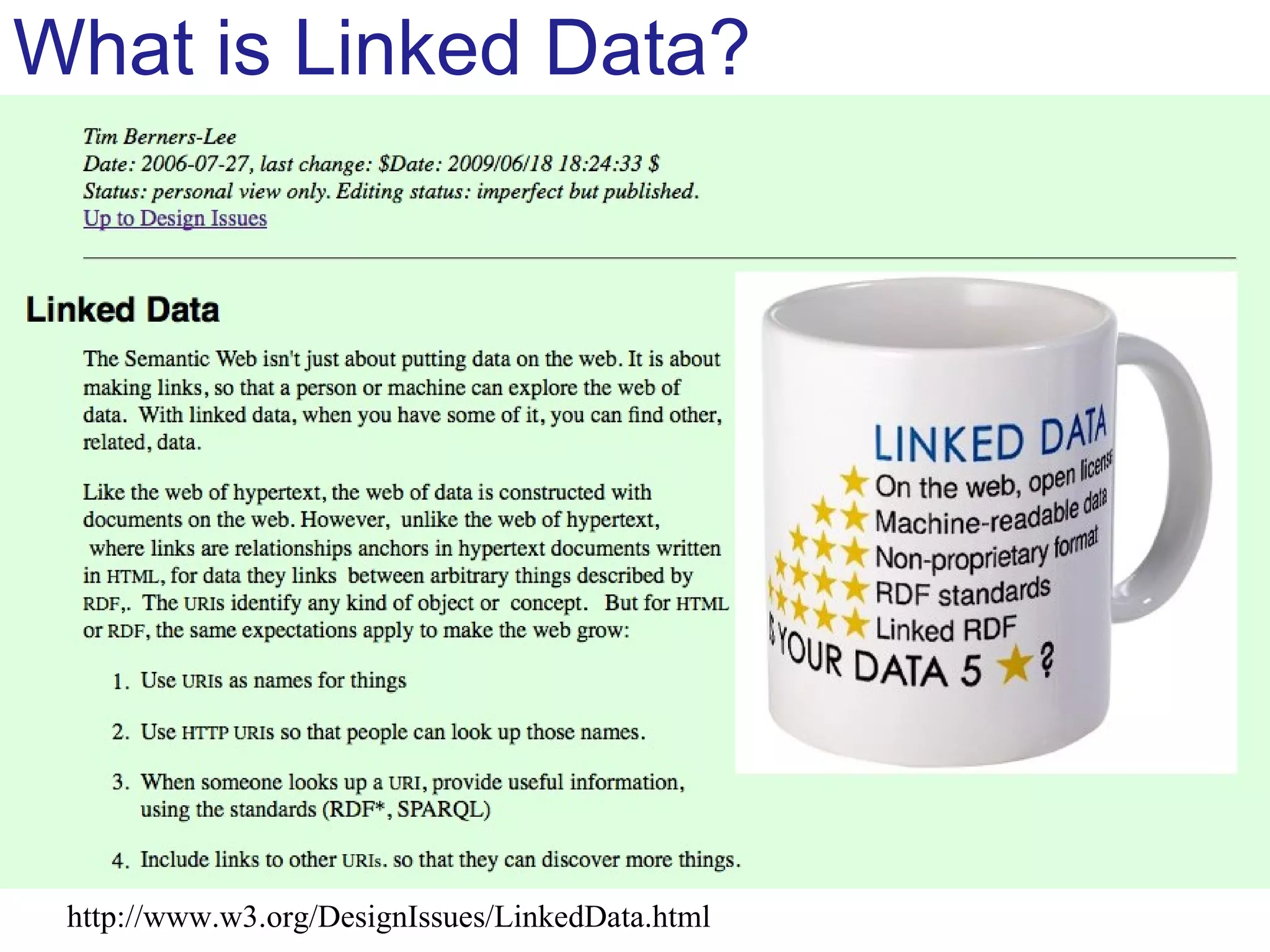 What is Linked Data? URIs LD Design Issues Triples http://www.w3.org/DesignIssues/LinkedData.html 